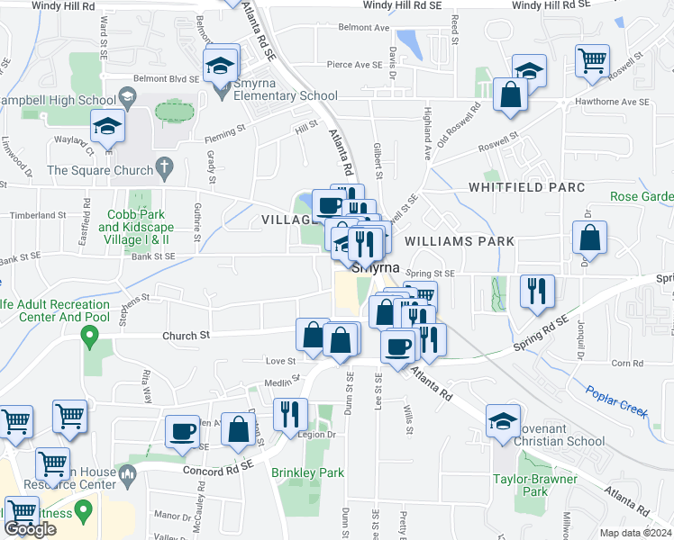map of restaurants, bars, coffee shops, grocery stores, and more near 1272 West Spring Street in Smyrna