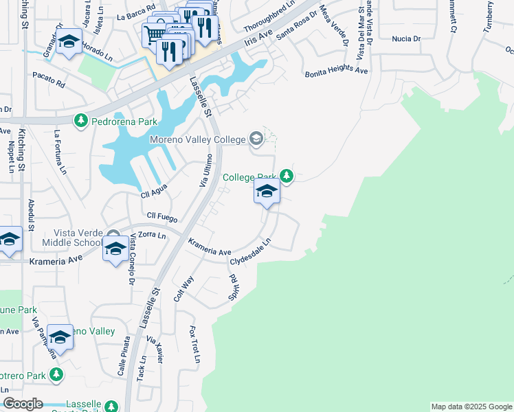 map of restaurants, bars, coffee shops, grocery stores, and more near 26446 Krameria Avenue in Moreno Valley
