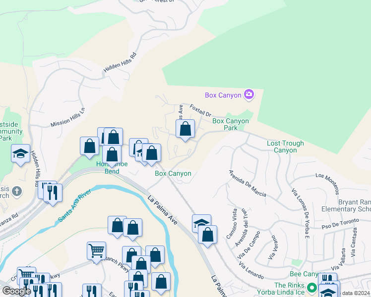 map of restaurants, bars, coffee shops, grocery stores, and more near 5380 Silver Canyon Road in Yorba Linda