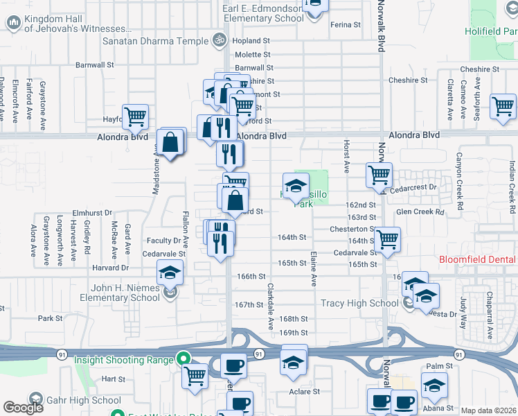 map of restaurants, bars, coffee shops, grocery stores, and more near 11855 163rd Street in Norwalk