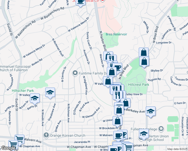map of restaurants, bars, coffee shops, grocery stores, and more near 1332 North Avolencia Drive in Fullerton