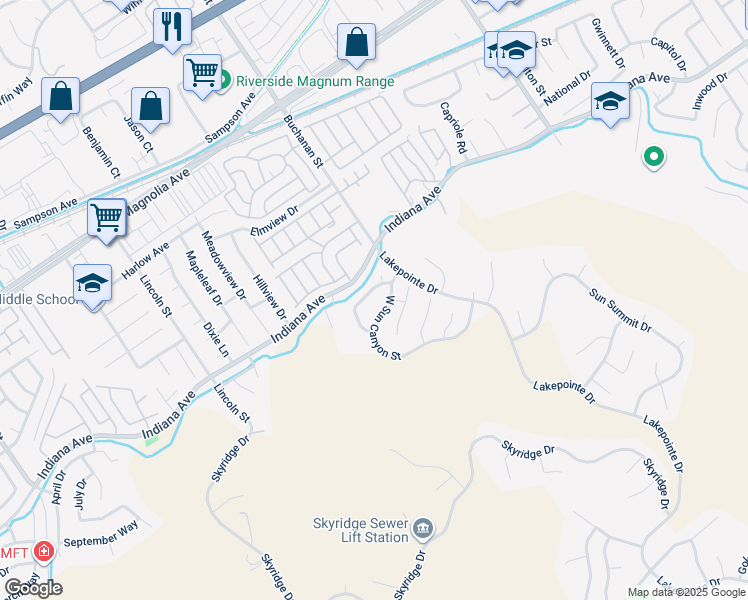 map of restaurants, bars, coffee shops, grocery stores, and more near 16210 Hidden Cove Drive in Riverside