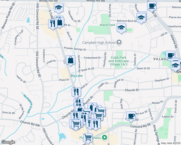 map of restaurants, bars, coffee shops, grocery stores, and more near 2850 Parkwood Road in Smyrna