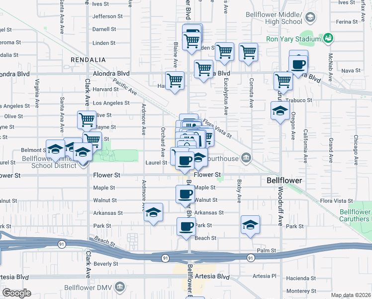 map of restaurants, bars, coffee shops, grocery stores, and more near 16537 Bellflower Boulevard in Bellflower