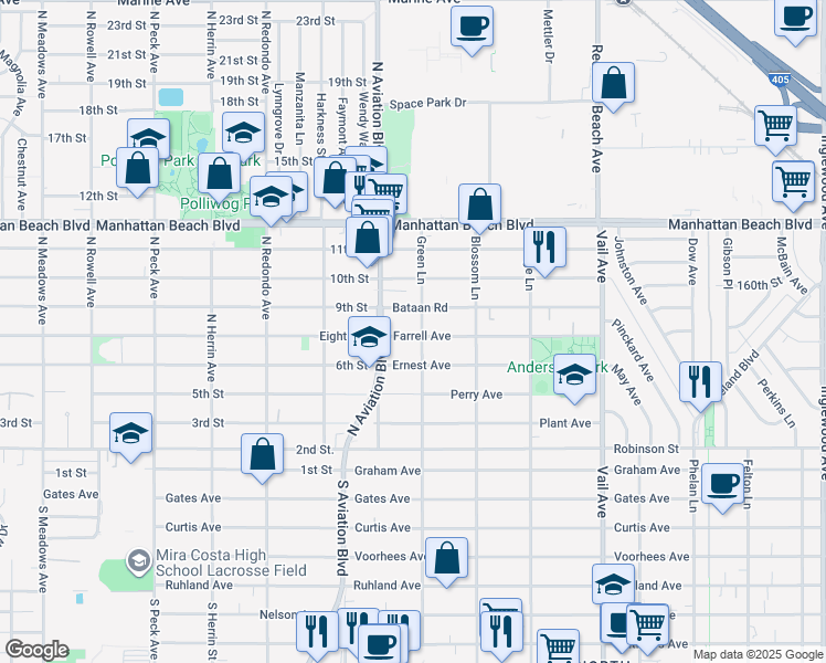 map of restaurants, bars, coffee shops, grocery stores, and more near 1917 Farrell Avenue in Redondo Beach