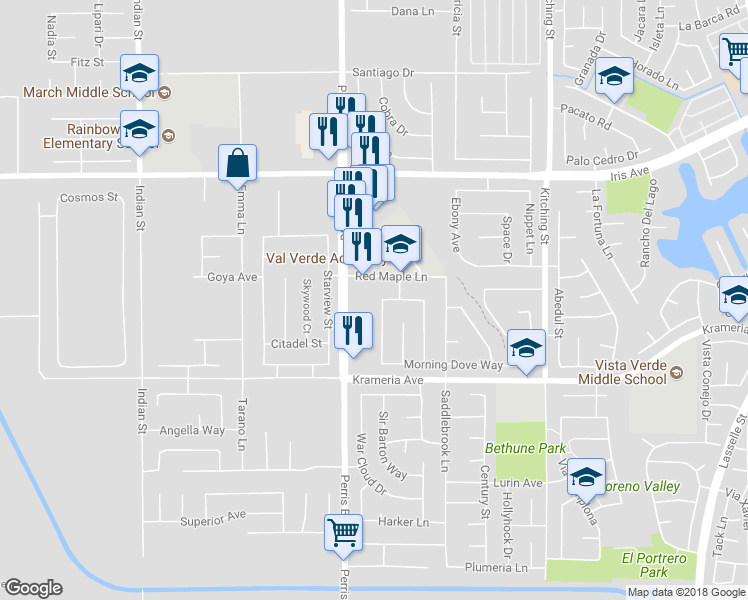map of restaurants, bars, coffee shops, grocery stores, and more near 16339 Silverbirch Road in Moreno Valley