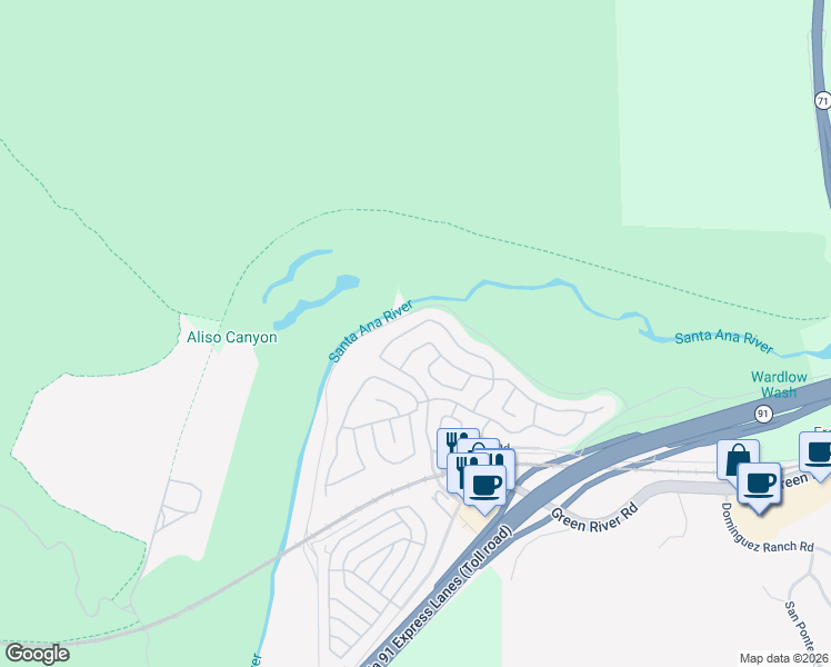 map of restaurants, bars, coffee shops, grocery stores, and more near 4857 Golden Ridge Drive in Corona