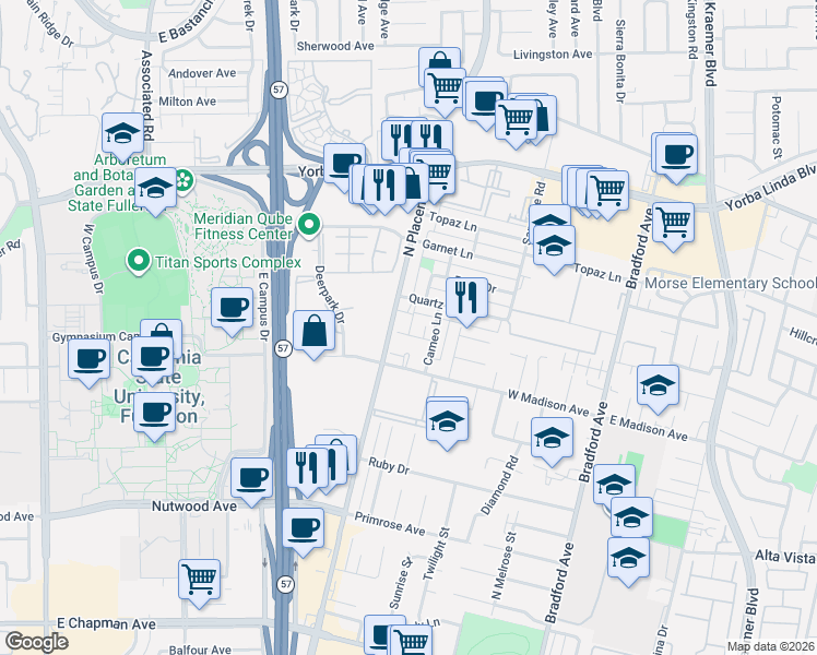map of restaurants, bars, coffee shops, grocery stores, and more near 1220 North Placentia Avenue in Fullerton