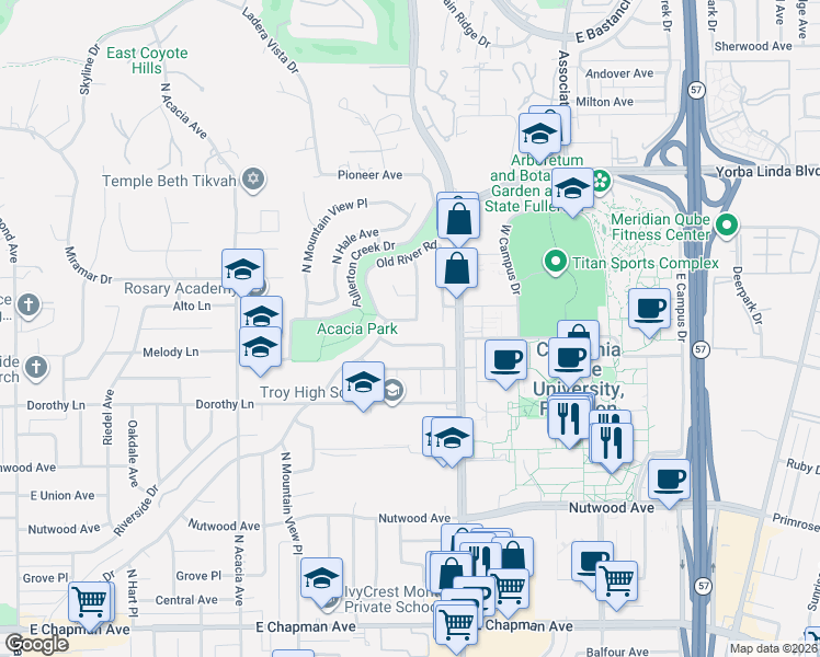 map of restaurants, bars, coffee shops, grocery stores, and more near 2307 Virginia Road in Fullerton