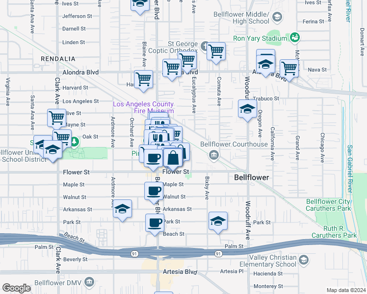 map of restaurants, bars, coffee shops, grocery stores, and more near 9857 Belmont Street in Bellflower