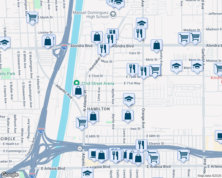 map of restaurants, bars, coffee shops, grocery stores, and more near 7091 Myrtle Avenue in Long Beach