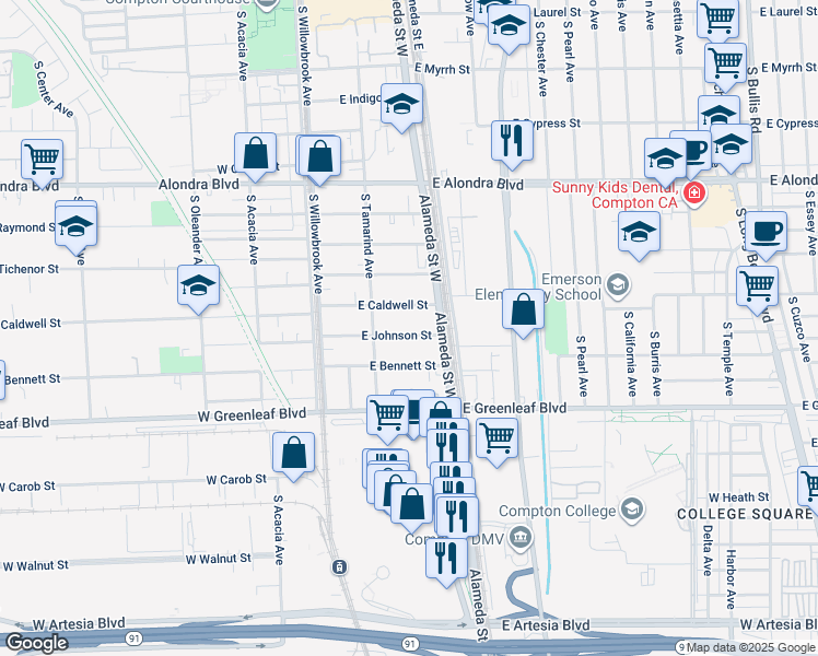 map of restaurants, bars, coffee shops, grocery stores, and more near 234 East Johnson Street in Compton