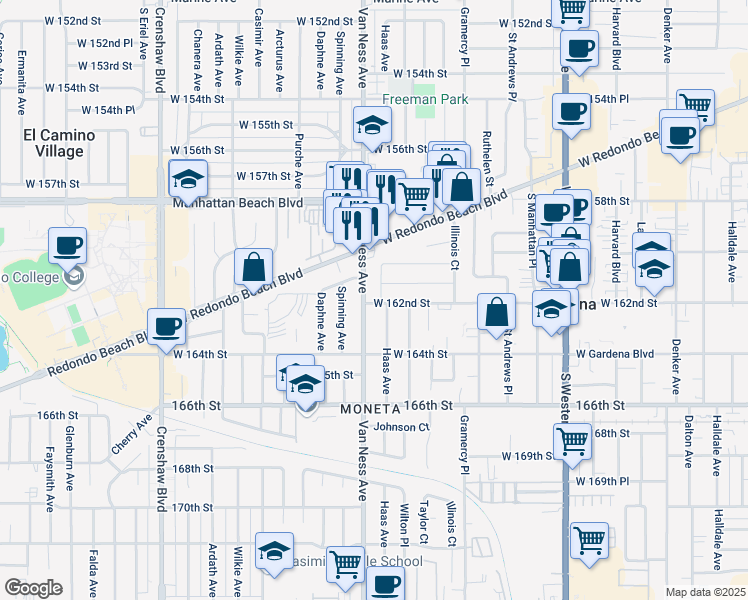 map of restaurants, bars, coffee shops, grocery stores, and more near 16209 Haas Avenue in Torrance