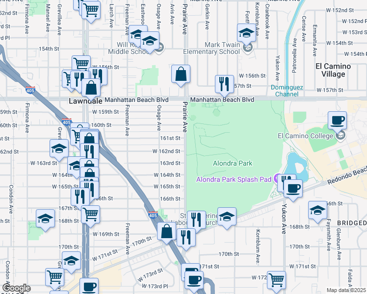 map of restaurants, bars, coffee shops, grocery stores, and more near 4006 West 162nd Street in Lawndale