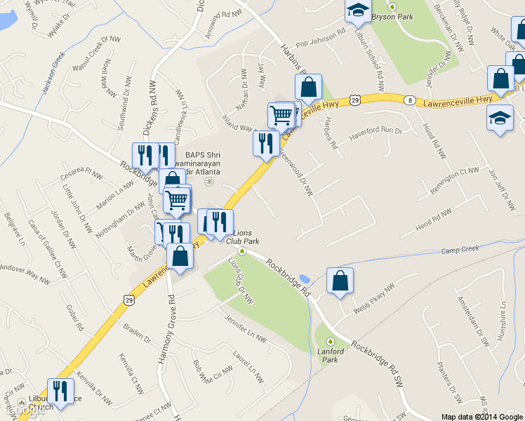 map of restaurants, bars, coffee shops, grocery stores, and more near 5414 Lawrenceville Highway in Lilburn
