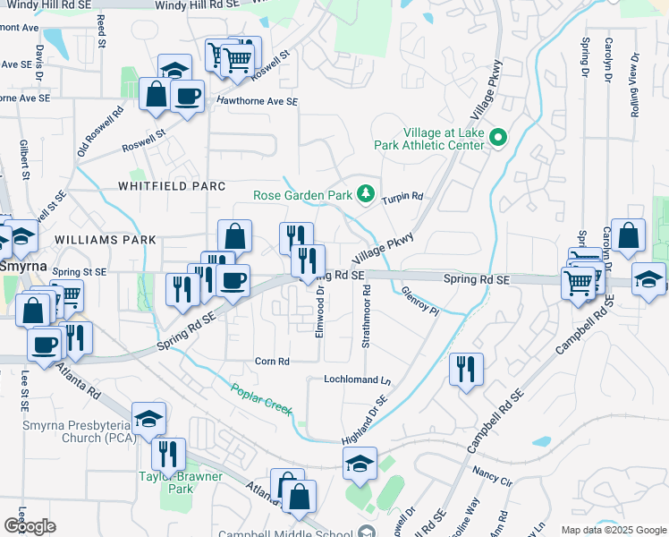 map of restaurants, bars, coffee shops, grocery stores, and more near 1802 Cumberland Valley Place Southeast in Smyrna