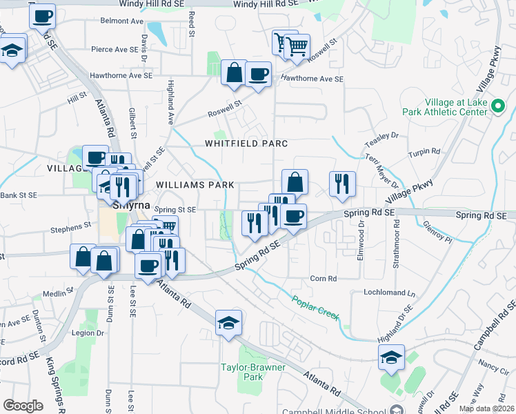 map of restaurants, bars, coffee shops, grocery stores, and more near 1622 Ivy Spring Drive Southeast in Smyrna