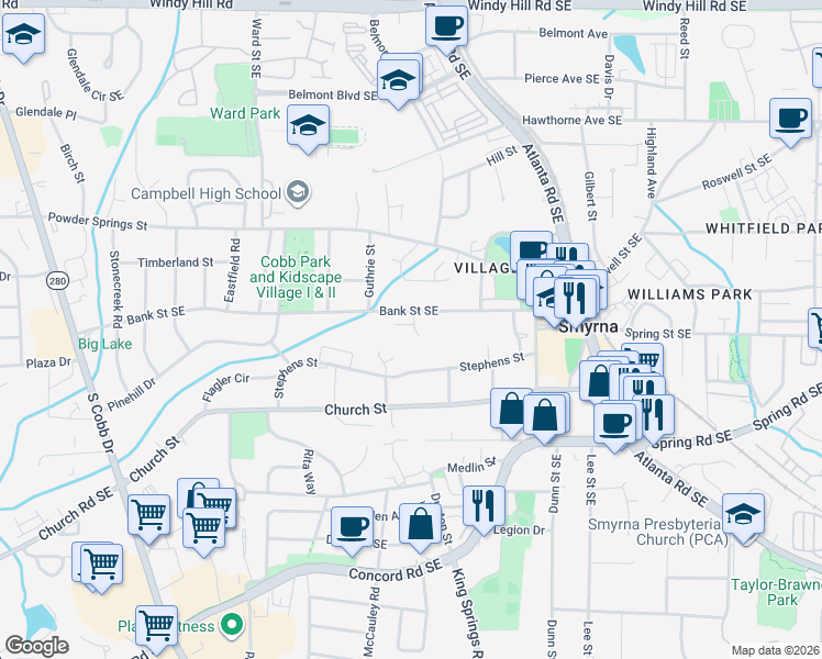 map of restaurants, bars, coffee shops, grocery stores, and more near 2862 Green Cove Way in Smyrna