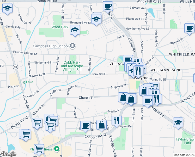 map of restaurants, bars, coffee shops, grocery stores, and more near 1095 Parkview Court in Smyrna