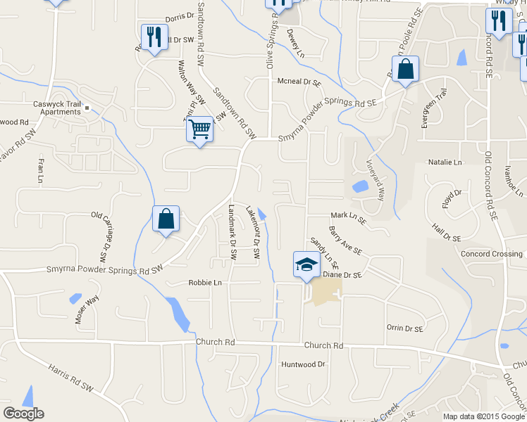 map of restaurants, bars, coffee shops, grocery stores, and more near 8 Christie Court Southwest in Marietta