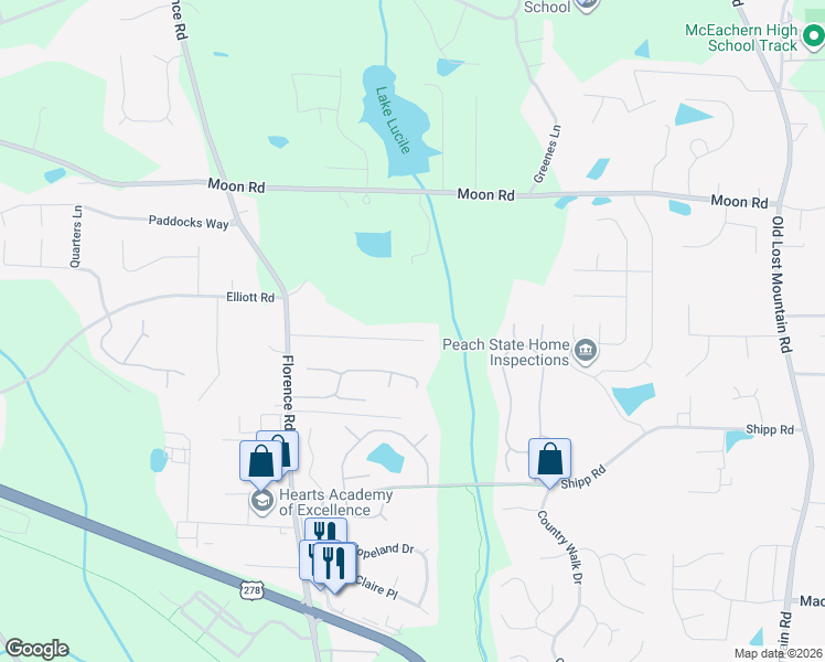 map of restaurants, bars, coffee shops, grocery stores, and more near 5111 Ray Court in Powder Springs
