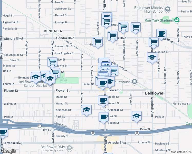 map of restaurants, bars, coffee shops, grocery stores, and more near 9719 Belmont Street in Bellflower