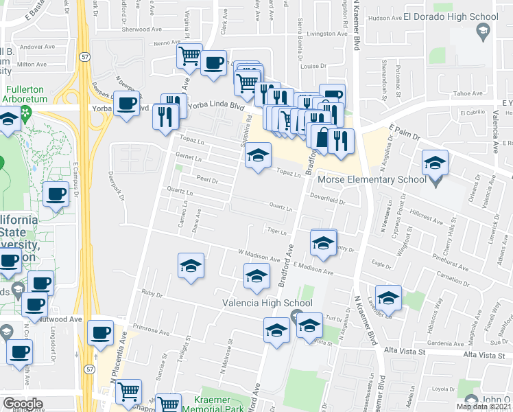 map of restaurants, bars, coffee shops, grocery stores, and more near 3210 Quartz Lane in Fullerton