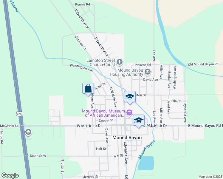 map of restaurants, bars, coffee shops, grocery stores, and more near North West Main Avenue in Mound Bayou