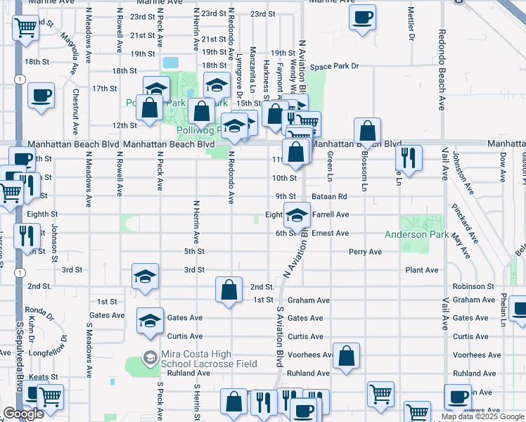 map of restaurants, bars, coffee shops, grocery stores, and more near 1751 Eighth Street in Manhattan Beach
