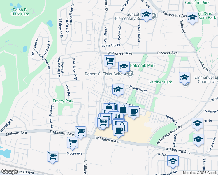 map of restaurants, bars, coffee shops, grocery stores, and more near 1249 Olson Drive in Fullerton