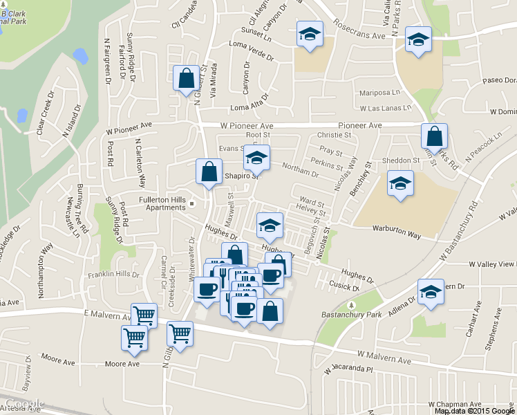 map of restaurants, bars, coffee shops, grocery stores, and more near 1262 Starbuck Street in Fullerton