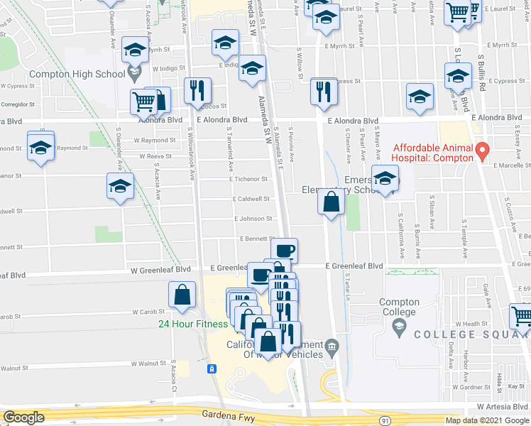 map of restaurants, bars, coffee shops, grocery stores, and more near 239 East Johnson Street in Compton