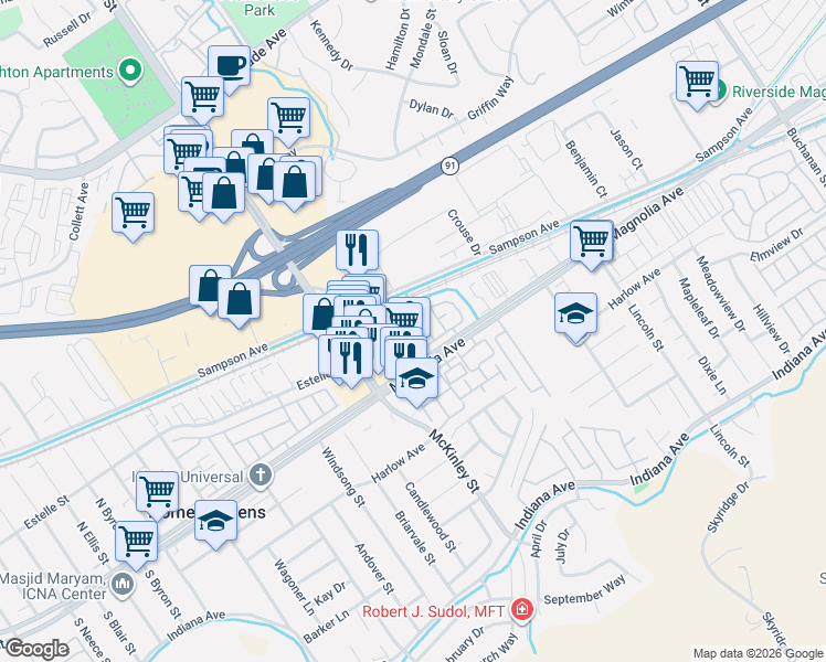 map of restaurants, bars, coffee shops, grocery stores, and more near 161 Breezewood Street in Corona
