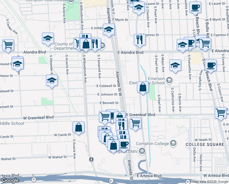 map of restaurants, bars, coffee shops, grocery stores, and more near 234 East Johnson Street in Compton