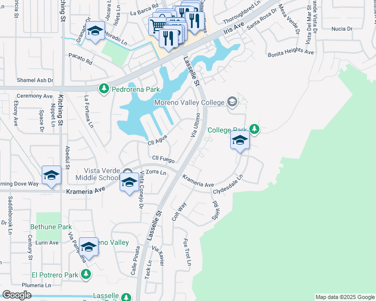 map of restaurants, bars, coffee shops, grocery stores, and more near 16290 Vía Ultimo in Moreno Valley