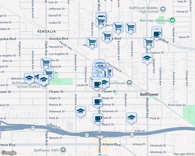 map of restaurants, bars, coffee shops, grocery stores, and more near 16535 Bellflower Boulevard in Bellflower