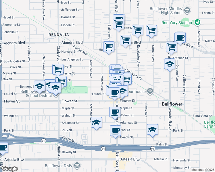 map of restaurants, bars, coffee shops, grocery stores, and more near 9721 Belmont Street in Bellflower