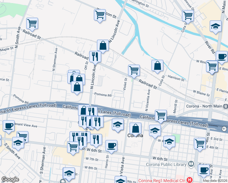 map of restaurants, bars, coffee shops, grocery stores, and more near 932 Pomona Road in Corona