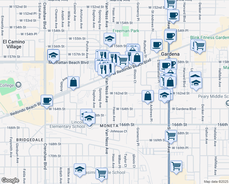 map of restaurants, bars, coffee shops, grocery stores, and more near 2135 West 162nd Street in Torrance