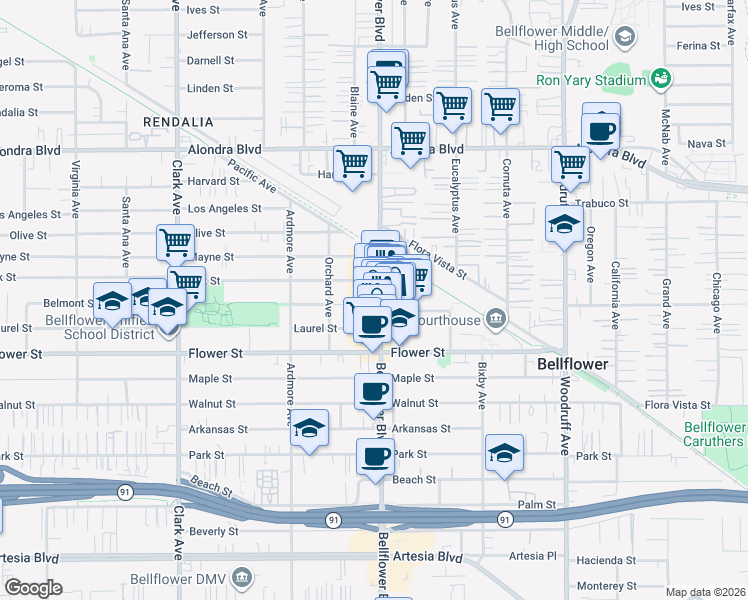map of restaurants, bars, coffee shops, grocery stores, and more near 16537 Bellflower Boulevard in Bellflower