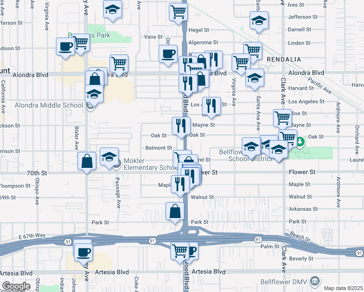 map of restaurants, bars, coffee shops, grocery stores, and more near 16615 Lakewood Boulevard in Bellflower