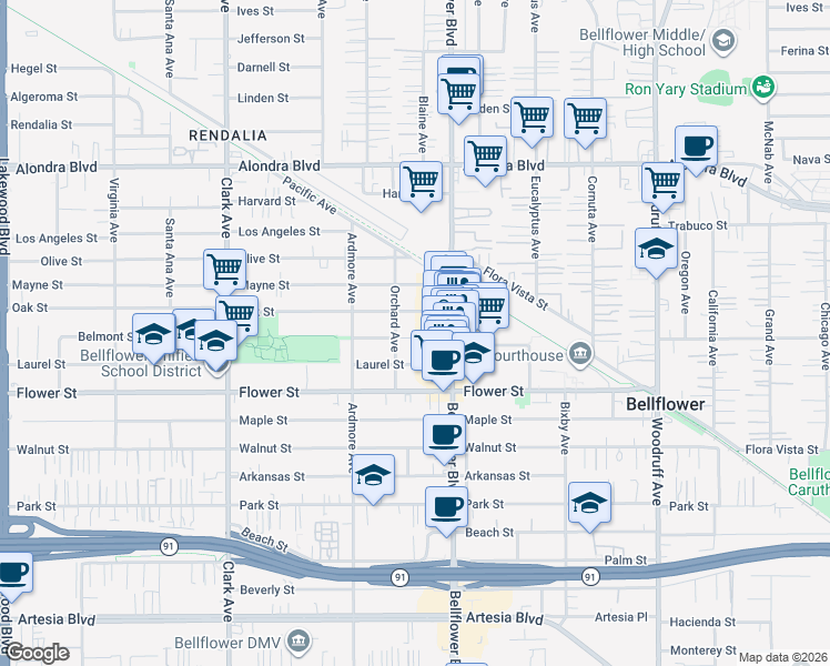 map of restaurants, bars, coffee shops, grocery stores, and more near 9721 Belmont Street in Bellflower