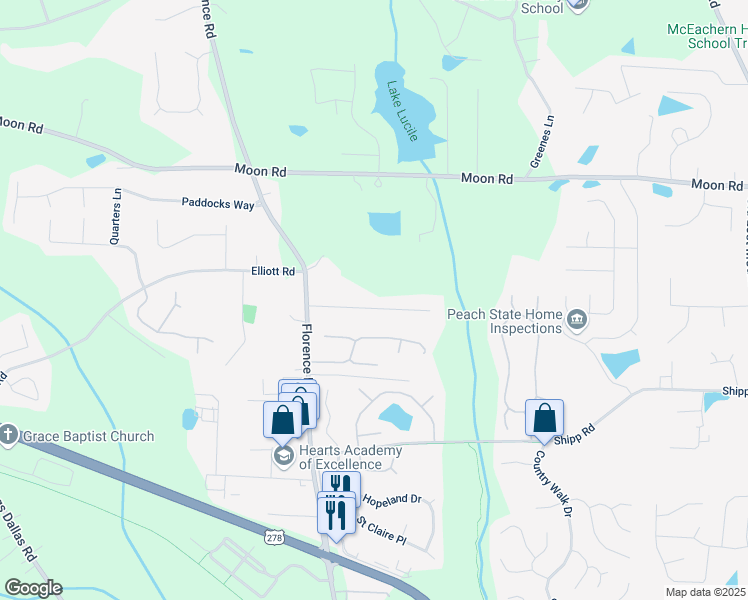 map of restaurants, bars, coffee shops, grocery stores, and more near 5141 Ray Court in Powder Springs