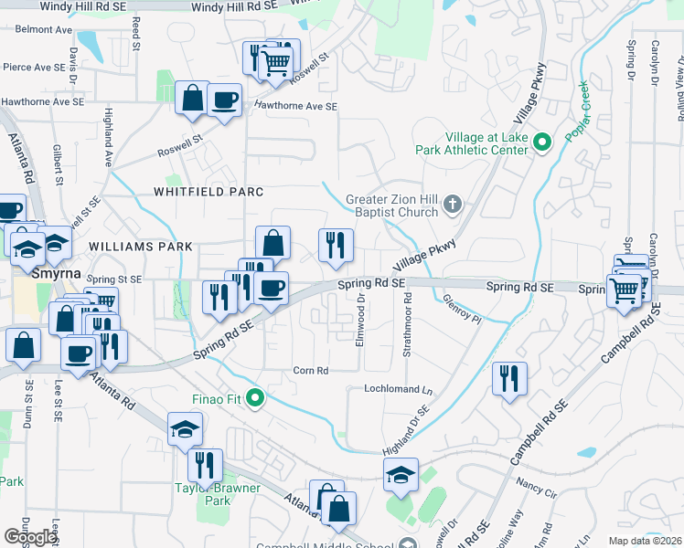 map of restaurants, bars, coffee shops, grocery stores, and more near 1702 Napa Valley Court Southeast in Smyrna