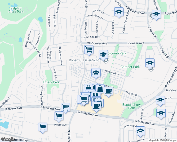 map of restaurants, bars, coffee shops, grocery stores, and more near 1210 Mendez Drive in Fullerton