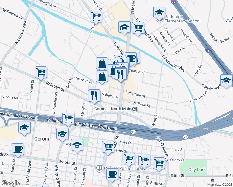 map of restaurants, bars, coffee shops, grocery stores, and more near 111 West Harrison Street in Corona