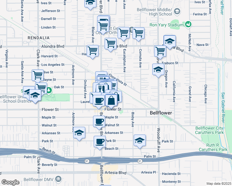 map of restaurants, bars, coffee shops, grocery stores, and more near 9857 Belmont Street in Bellflower