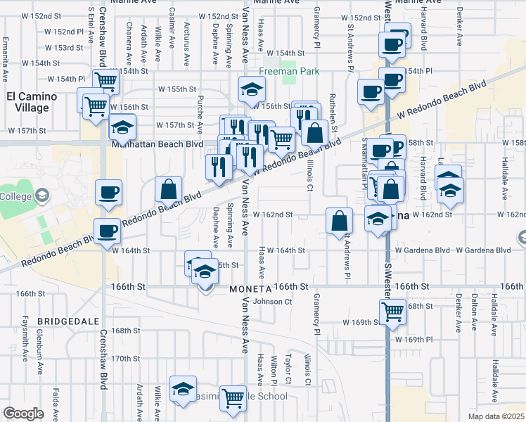 map of restaurants, bars, coffee shops, grocery stores, and more near 2135 West 162nd Street in Torrance
