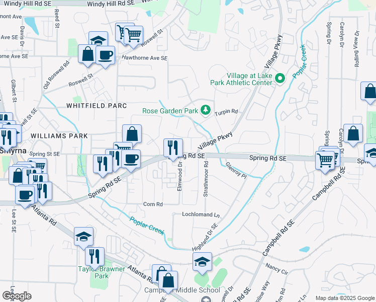 map of restaurants, bars, coffee shops, grocery stores, and more near 1848 Spring Road Southeast in Smyrna