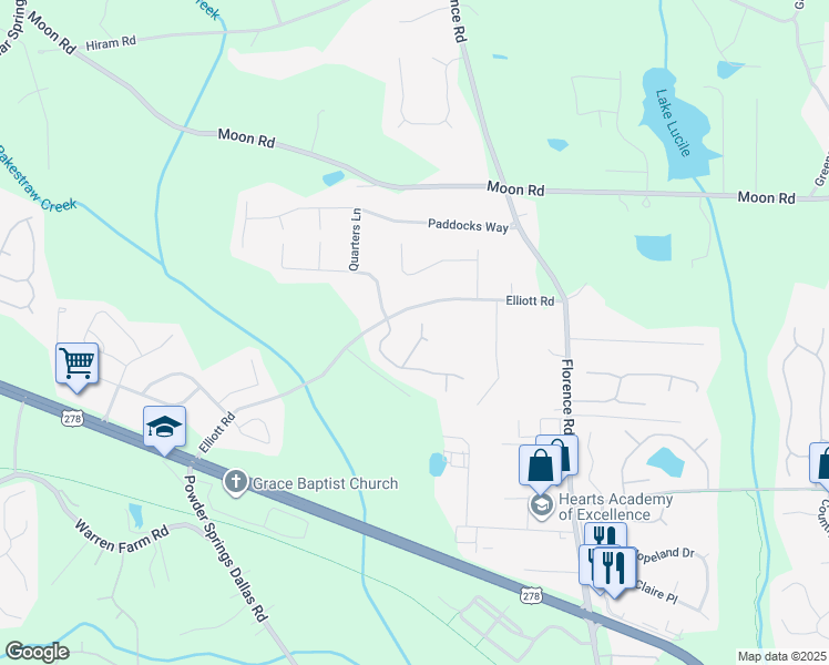 map of restaurants, bars, coffee shops, grocery stores, and more near 3208 Grandiflora Place Southwest in Powder Springs